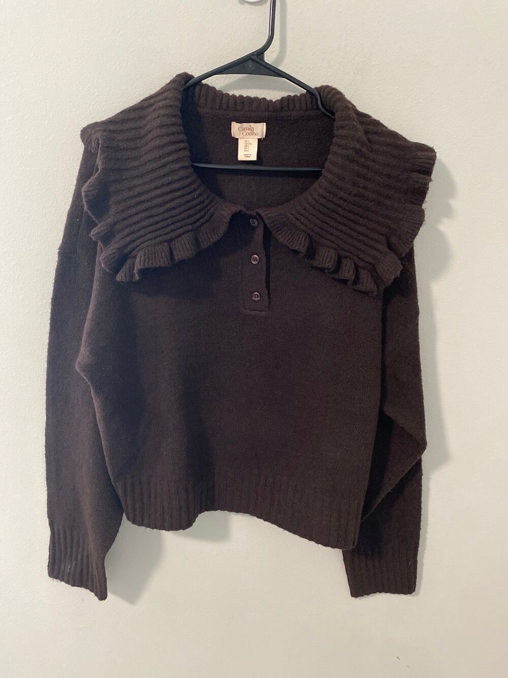 New Camila Coelho Ruffle Collar Sweater, Chocolate Brown Size Large